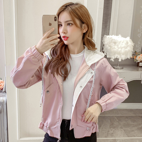 Geaca de toamna de dama model nou cu gluga in culorile roz, galben si alb