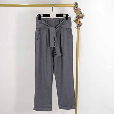 Дамски панталон с връзки на талията в сив цвят - прав модел