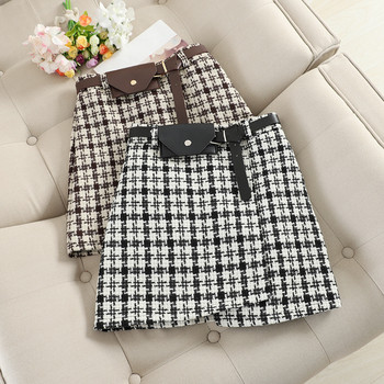 Fusta de dama in carouri cu curea si talie inalta de culoare maro si negru