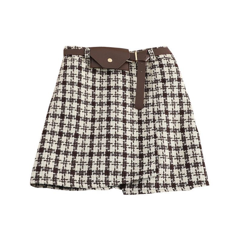 Fusta de dama in carouri cu curea si talie inalta de culoare maro si negru