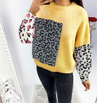 Pulover casual de dama cu animal print in galben si roz