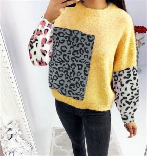 Pulover casual de dama cu animal print in galben si roz