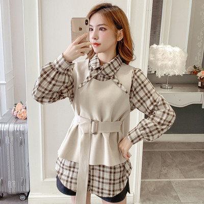 Set de dama modern din doua parti camasa in carouri + vesta in bej si verde