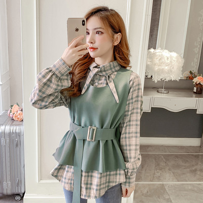 Set de dama modern din doua parti camasa in carouri + vesta in bej si verde