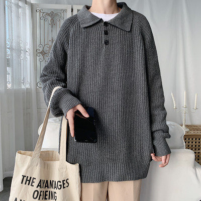 Pulover lat pentru bărbați cu guler și nasturi clasici în gri și maro