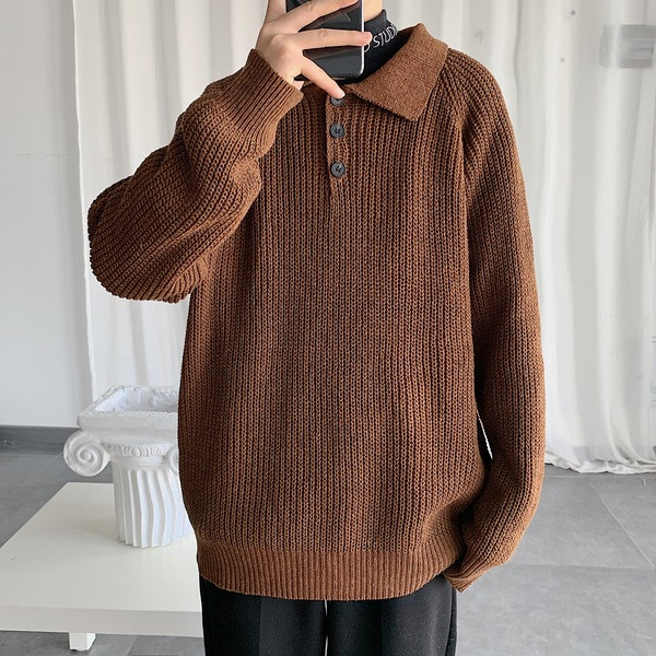 Pulover lat pentru bărbați cu guler și nasturi clasici în gri și maro