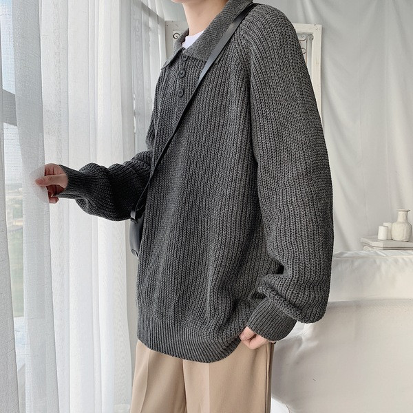 Pulover lat pentru bărbați cu guler și nasturi clasici în gri și maro