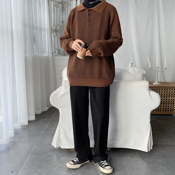 Pulover lat pentru bărbați cu guler și nasturi clasici în gri și maro