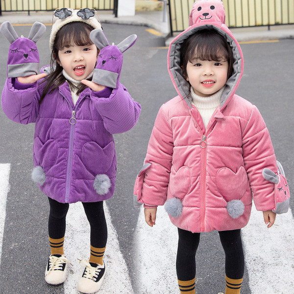 Geaca de iarna pentru copii model nou pentru fete cu element 3D in roz si mov