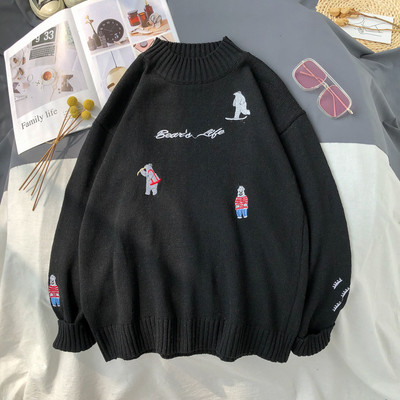 Pulover bărbătesc lat cu broderie în alb, negru și albastru