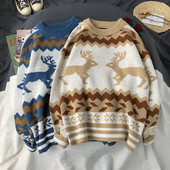 Pulover de iarnă pentru bărbați cu decolteu oval în albastru și maro