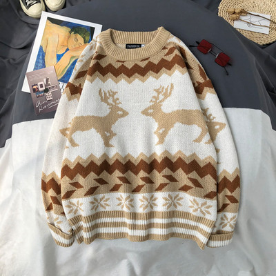 Pulover de iarnă pentru bărbați cu decolteu oval în albastru și maro