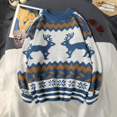 Pulover de iarnă pentru bărbați cu decolteu oval în albastru și maro