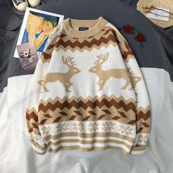 Pulover de iarnă pentru bărbați cu decolteu oval în albastru și maro