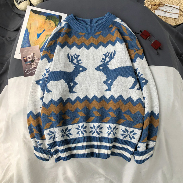 Pulover de iarnă pentru bărbați cu decolteu oval în albastru și maro