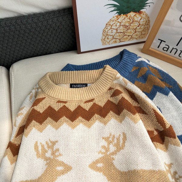 Pulover de iarnă pentru bărbați cu decolteu oval în albastru și maro