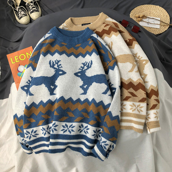 Pulover de iarnă pentru bărbați cu decolteu oval în albastru și maro