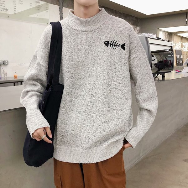 Pulover pentru bărbați cu broderie în negru, gri și verde