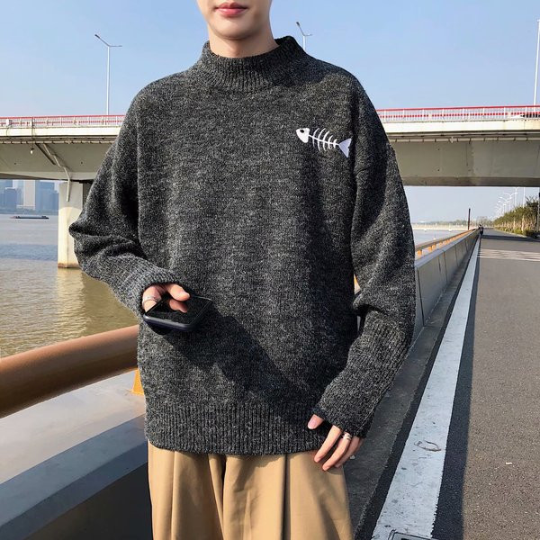 Pulover pentru bărbați cu broderie în negru, gri și verde