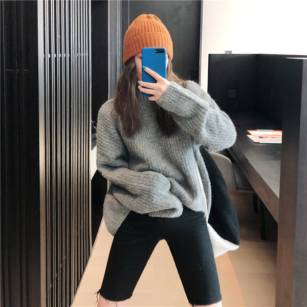 Pulover larg casual în bej și gri