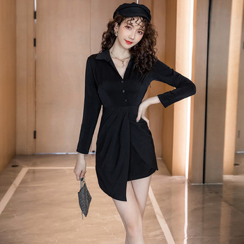 Rochie moderna de dama cu decolteu spitz - model asimetric in negru si rosu