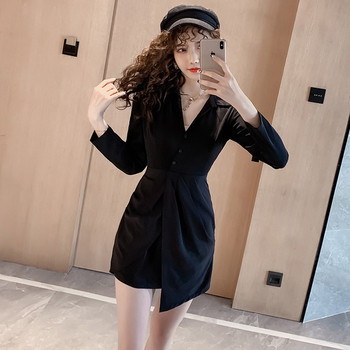 Rochie moderna de dama cu decolteu spitz - model asimetric in negru si rosu