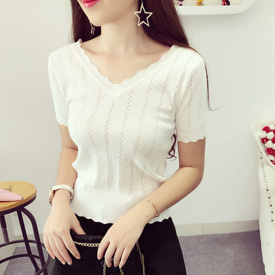 Bluză de damă modernă tricotată cu mâneci scurte în mai multe culori