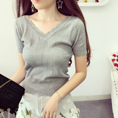 Bluză de damă modernă tricotată cu mâneci scurte în mai multe culori