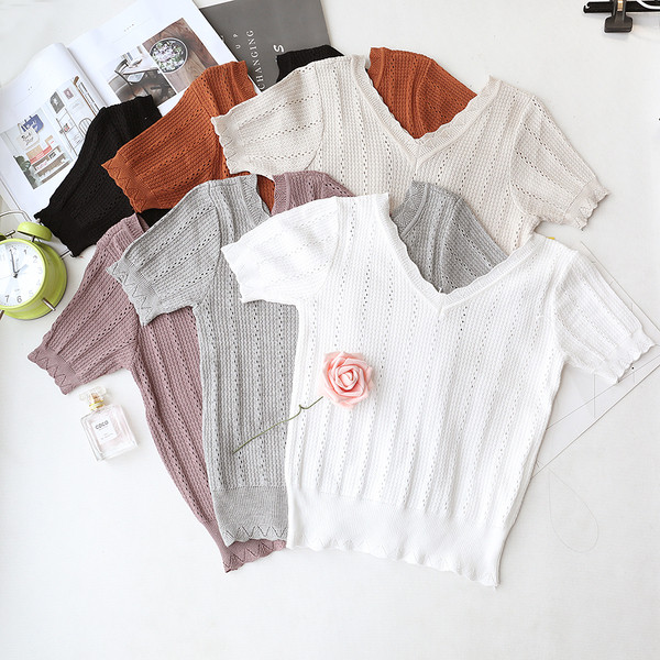 Bluză de damă modernă tricotată cu mâneci scurte în mai multe culori