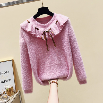 Pulover casual de dama cu sireturi si decolteu spitz in alb, roz si verde