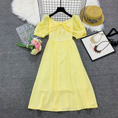 Rochie casual de dama cu maneci scurte model decupat in galben, alb si albastru