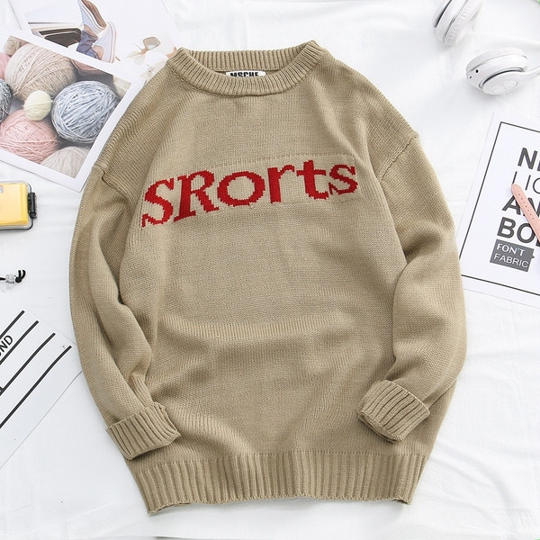 Pulover bărbătesc lat cu inscripție în culoarea bej și muștar