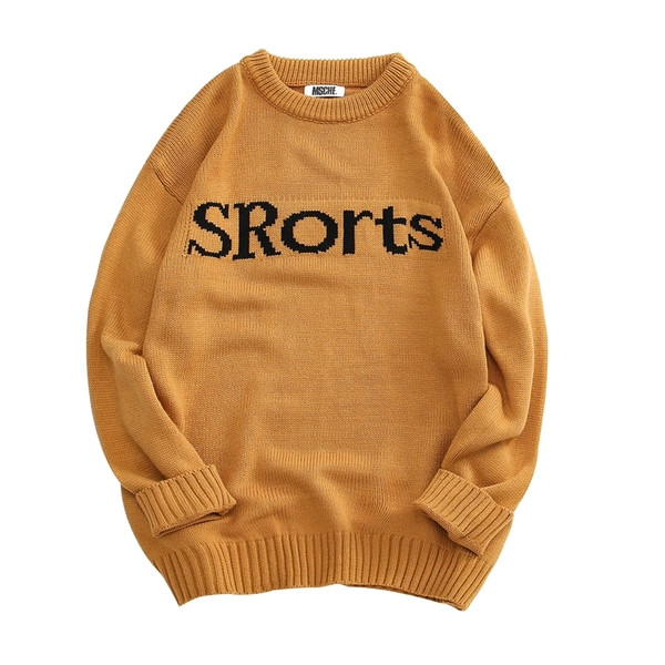 Pulover bărbătesc lat cu inscripție în culoarea bej și muștar