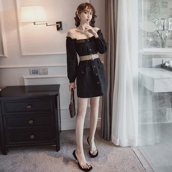 Rochie casual de dama cu centura, nasturi si decolteu barca in negru