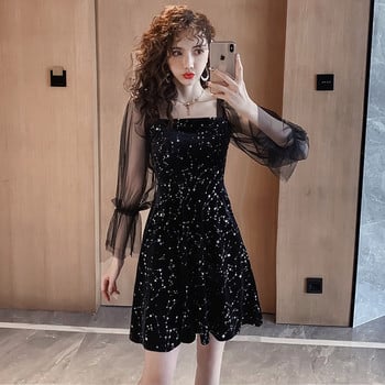 Rochie elegantă de damă, cu mâneci din tul și decolteu pătrat, în negru