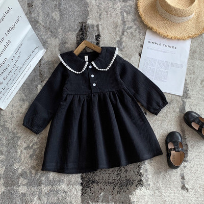 Детска рокля с яка и копчета в черен цвят 