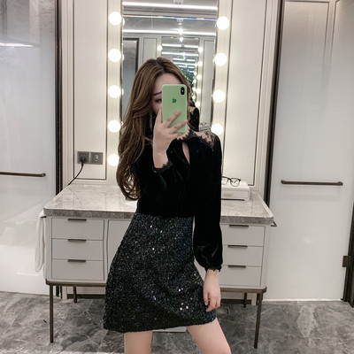 Rochie de dama eleganta din catifea si paiete in negru