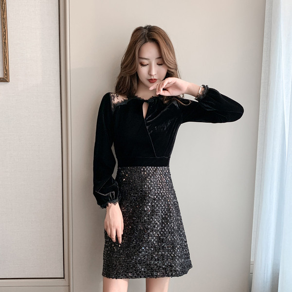 Rochie de dama eleganta din catifea si paiete in negru