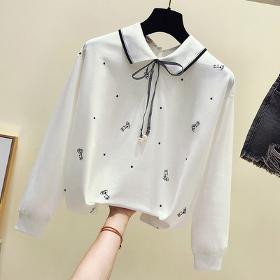 Bluză de damă modernă cu panglică și broderie în albastru, roz și alb