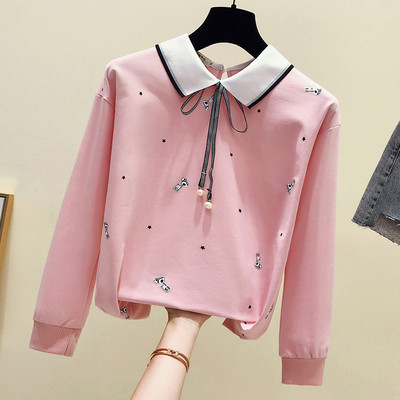 Bluză de damă modernă cu panglică și broderie în albastru, roz și alb