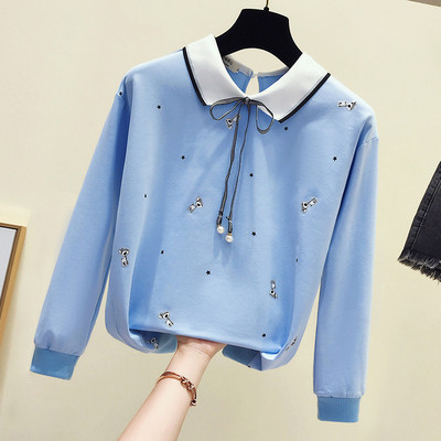 Bluză de damă modernă cu panglică și broderie în albastru, roz și alb