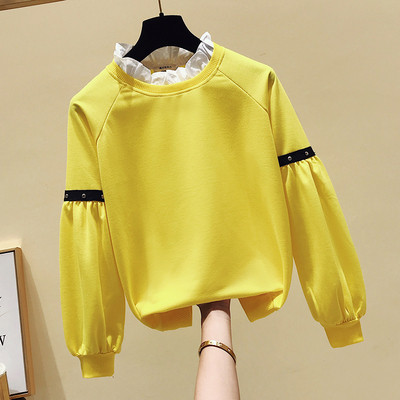 Bluză casual de damă cu mâneci lungi cu decolteu oval în galben și verde