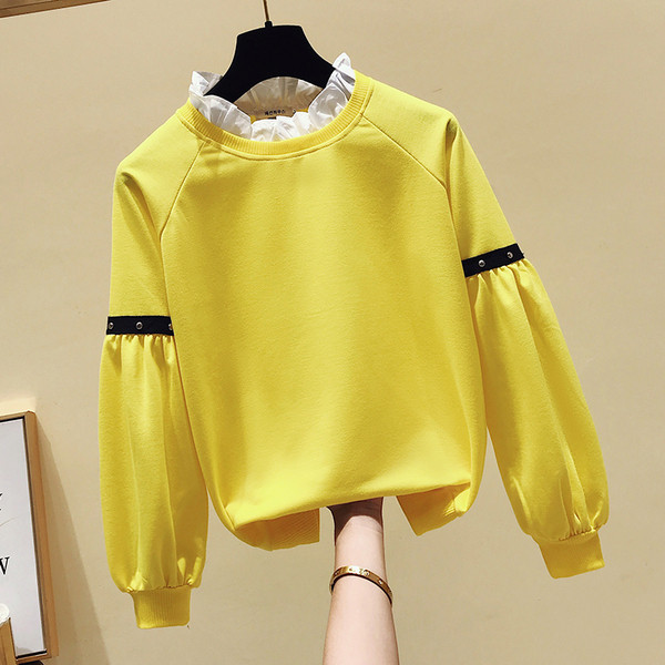 Bluză casual de damă cu mâneci lungi cu decolteu oval în galben și verde