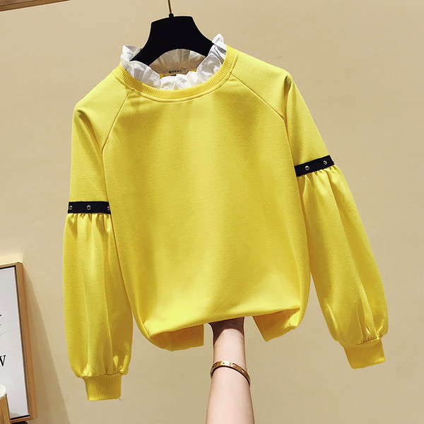 Bluză casual de damă cu mâneci lungi cu decolteu oval în galben și verde