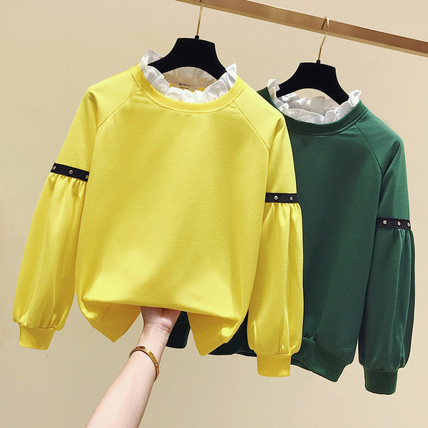 Bluză casual de damă cu mâneci lungi cu decolteu oval în galben și verde