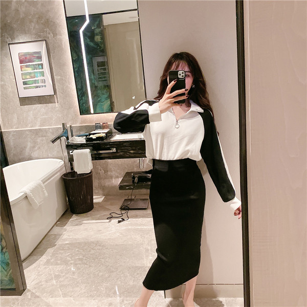 Női rövid blúz szett cipzárral és hosszú szoknyával