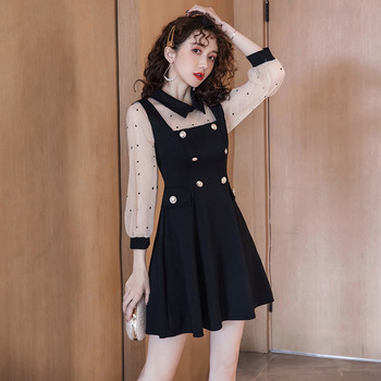 Rochie moderna de dama cu tul si nasturi - model croiat in negru