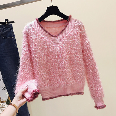 Pulover de damă modern cu decolteu spitz în roz, bej și albastru