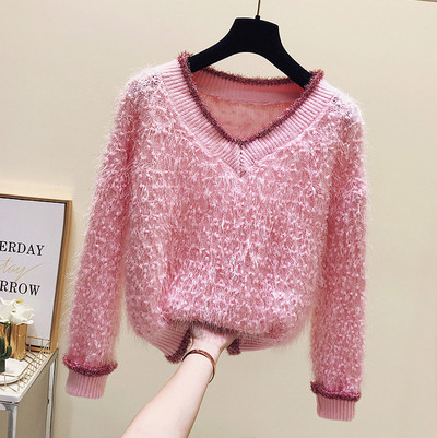 Pulover de damă modern cu decolteu spitz în roz, bej și albastru