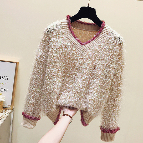 Pulover de damă modern cu decolteu spitz în roz, bej și albastru